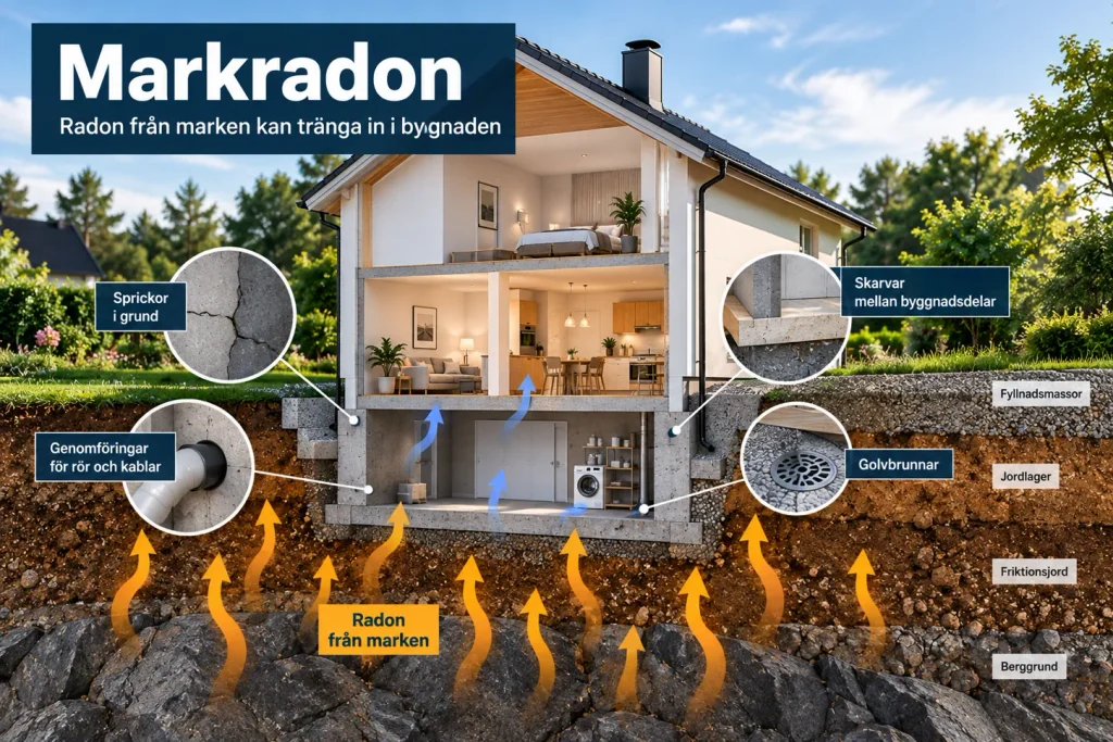 Illustration av markradon som tar sig in genom en villagrund
